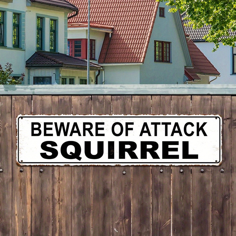 Beware Of Attack Squirrel Vintage White Metal Sign Funny Yard Outdoor Wall Decor