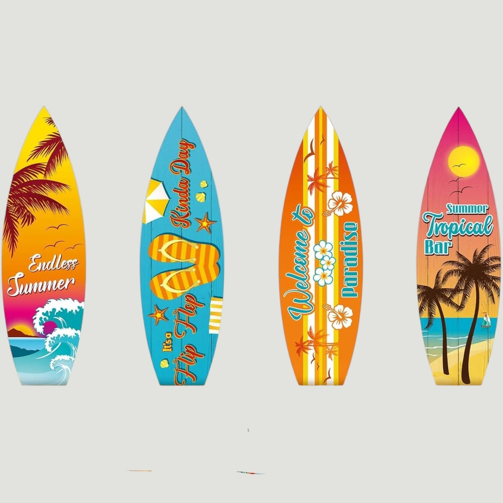 Surfboard Wall Decor Set 4‑Pack Summer Beach Signs Hanging Wood 15-3/4″ × 4-1/2″