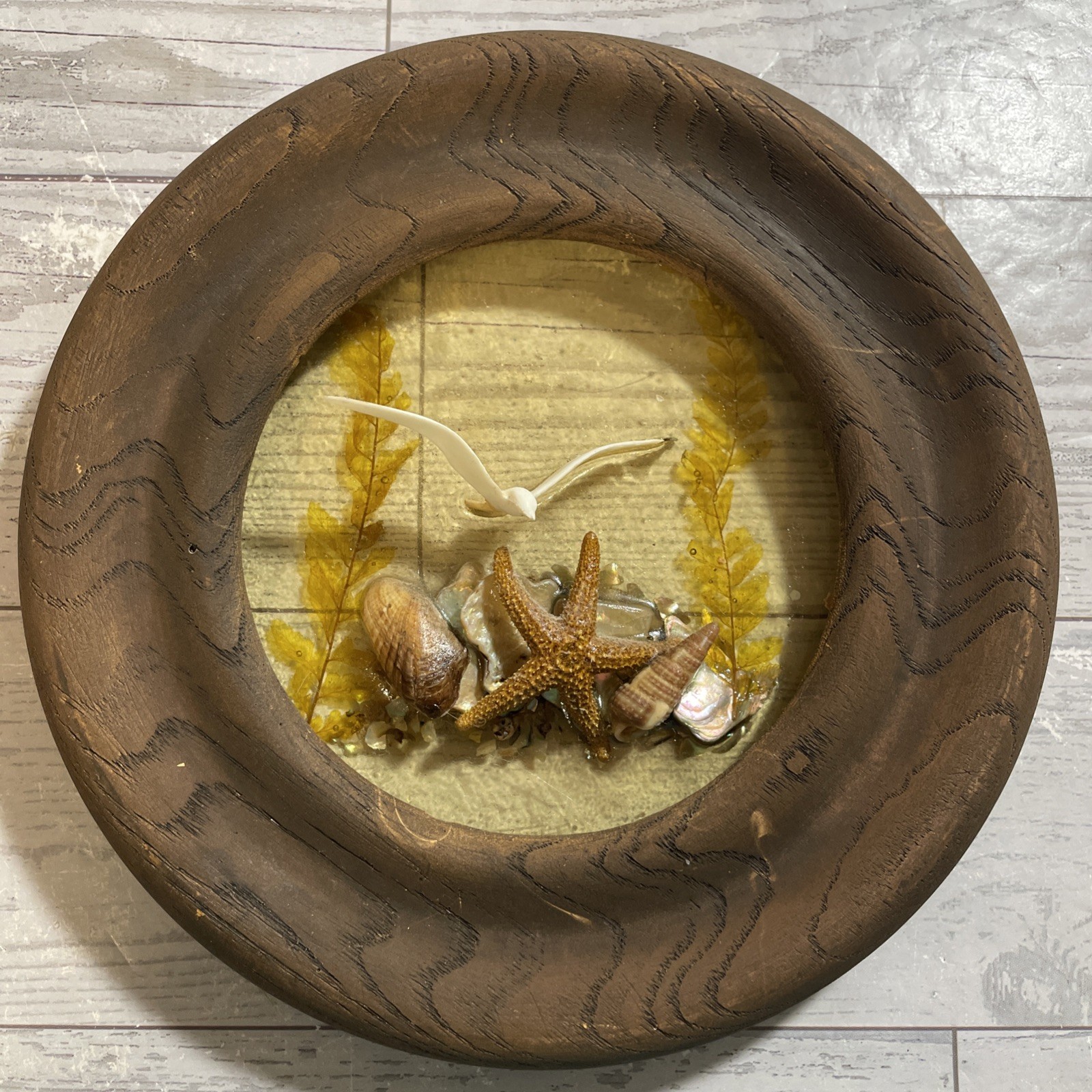 Vintage 1970’s Nautical Beach Coastal Hanging 6” Round Wall Art Lucite Wood