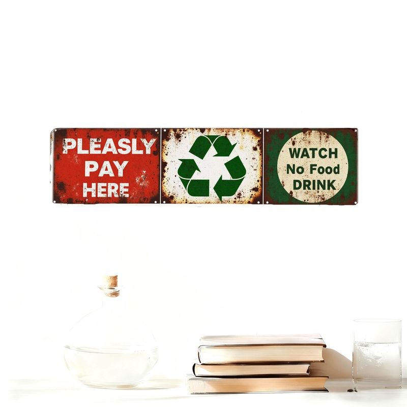 Multicolor Rust Recycle Prohibition Graphic Metal Sign Set Garage Cafe Decor