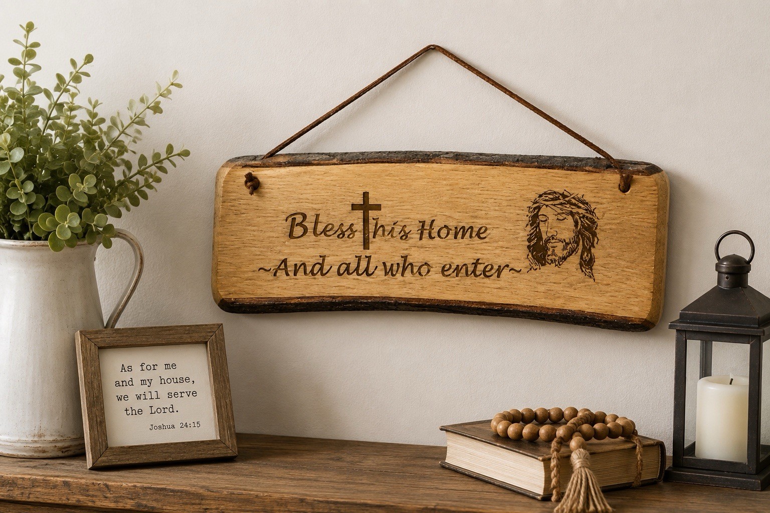 Handmade Oak Live Edge Wood Sign Bless This Home And All Who Enter Jesus Plaque