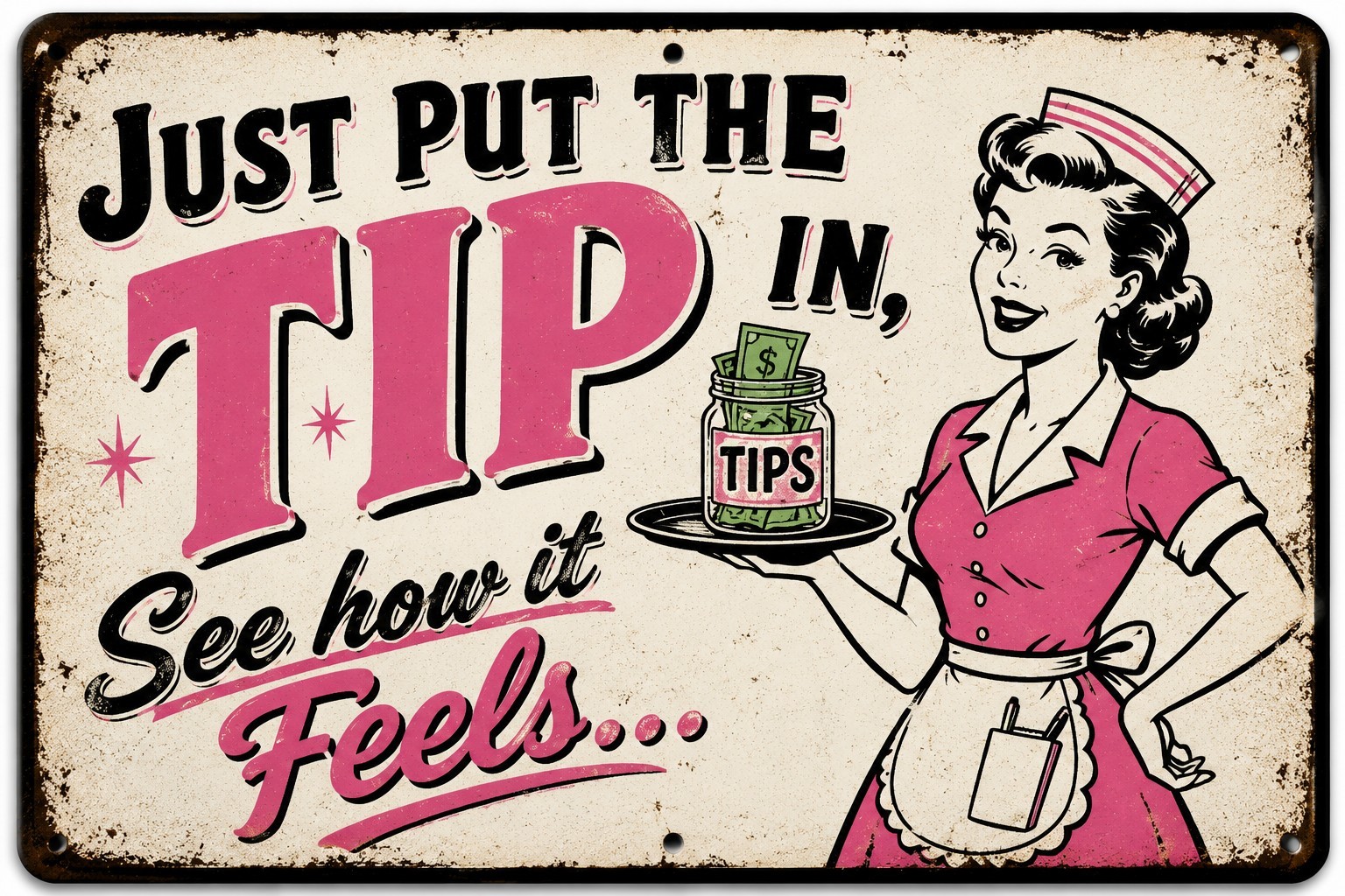 Just Put the Tip In Funny Waitress Metal Sign | Retro Diner Bar Pub Wall Decor 1