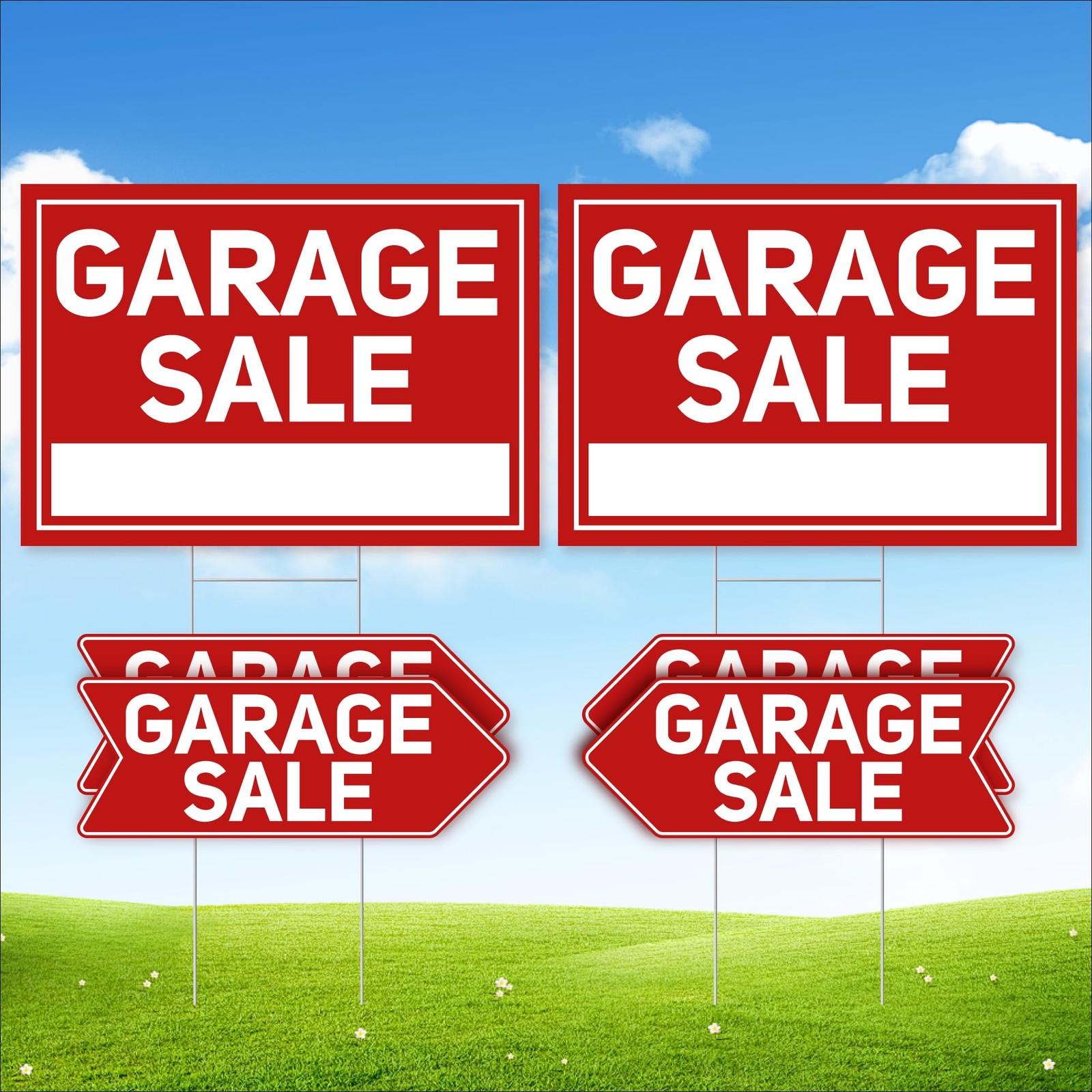 6 PCS Garage Sale Signs, Stakes, 2 Large 24×16, 4 Arrow 17×6, Double Sided