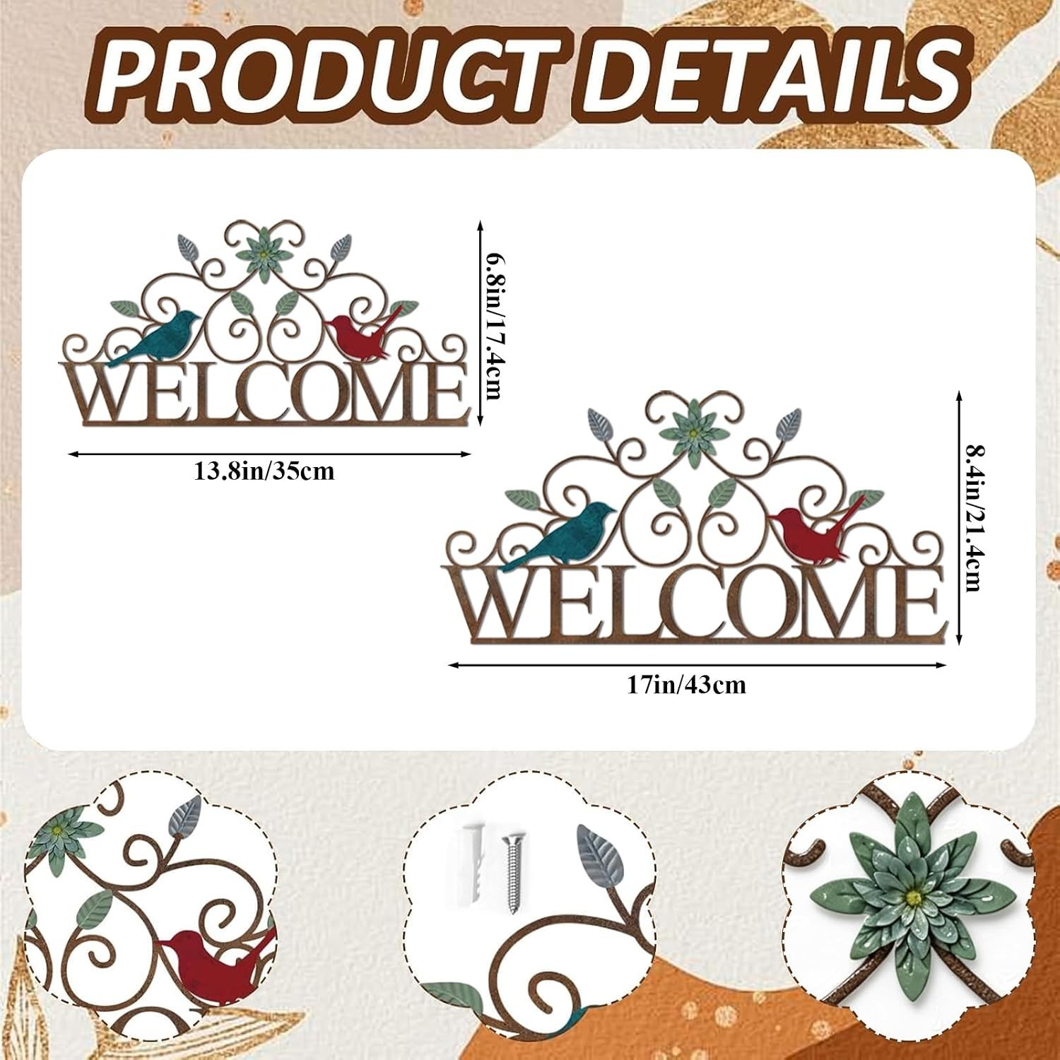 Metal Welcome Wall Art Sign for Front Door 13.8″L x 6.8″W Vintage