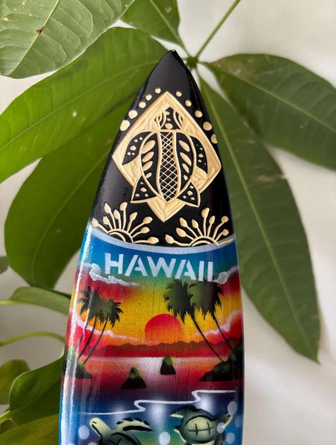 Hawaiian Hand Made 12″ Carved Wood Surfboard Display Stand Sunset Honu Turtles
