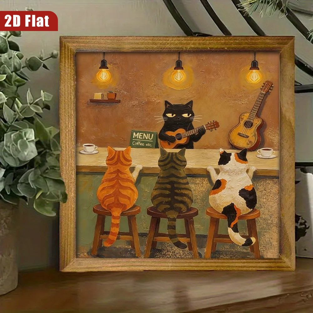 Retro Oil Painting Cat Band Guitar Coffee Bar Whimsical Living Room Wall Plaque