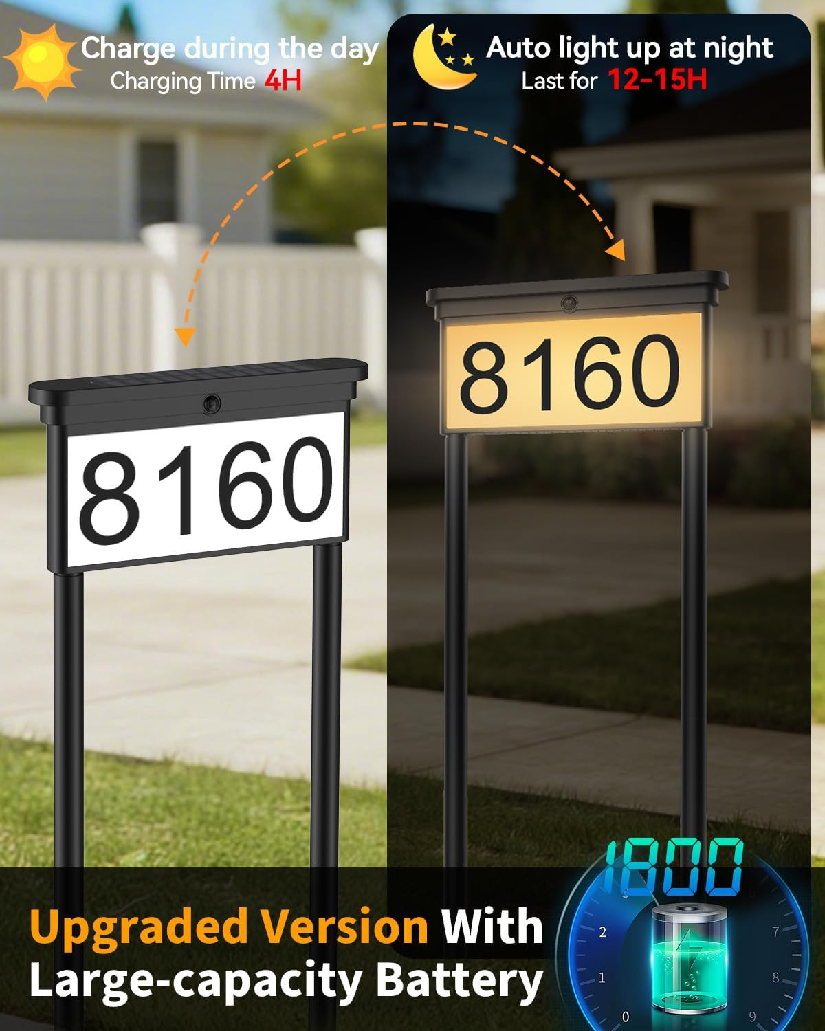 New Upgraded Solar Address Sign,Double Sided Glow House Numbers with Auto On/Off