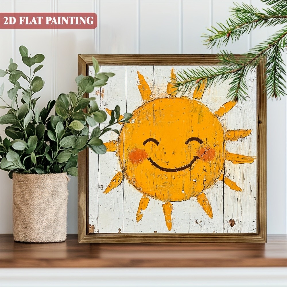 Distressed White Wood Happy Smiling Sun Square Wooden Plaque Rustic Decoration