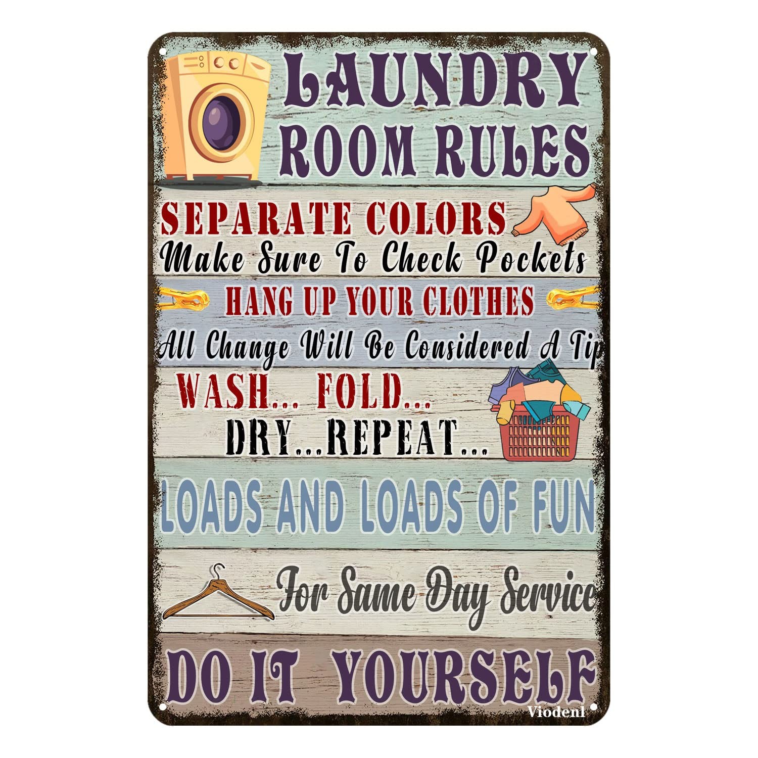 Funny Laundry Room Rules Metal Tin Sign Vintage Wall 12×8 inches, Earth tones