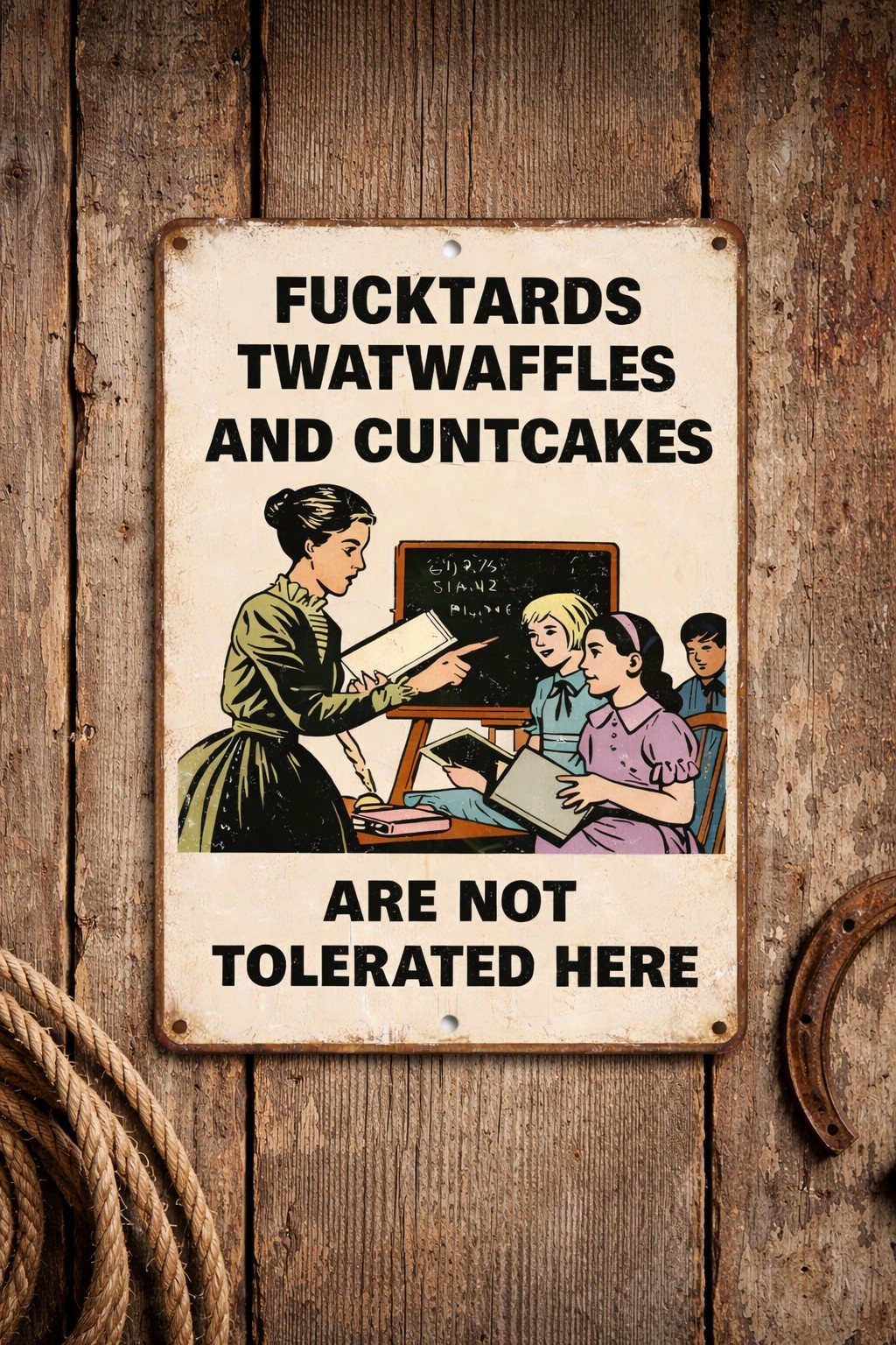 Funny Adult Metal Tin Sign Fu*ktards Twatwaffles Cuntcakes Not Tolerated Here Vi