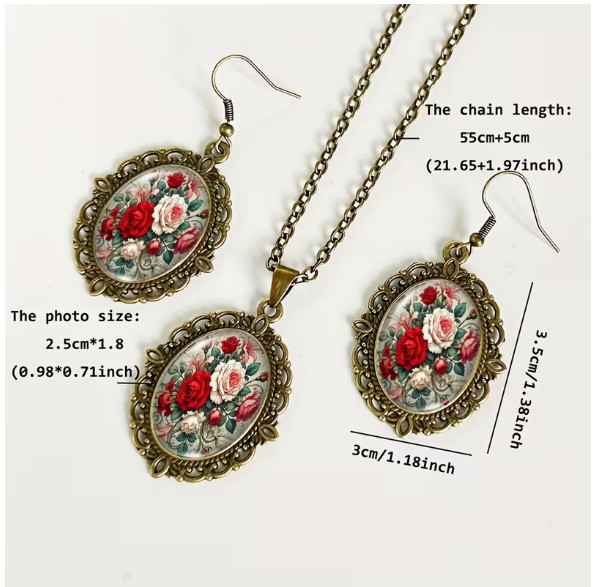 NECKLACE-3pcs Rose Multicolor Bouquet Necklace with Glass Pendant and Earrings