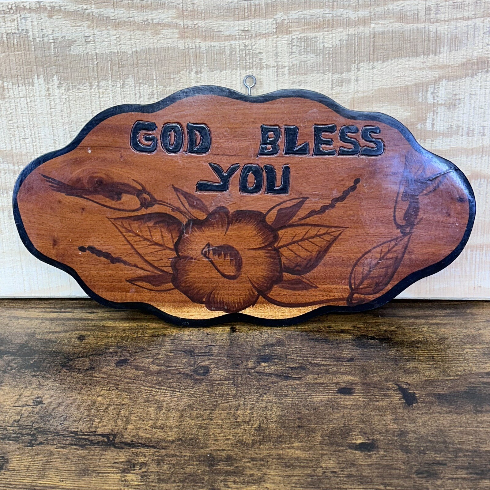 Vintage Wood Sign For Hanging Outside “God Bless You” Folk Art 15”x 8” Handmade