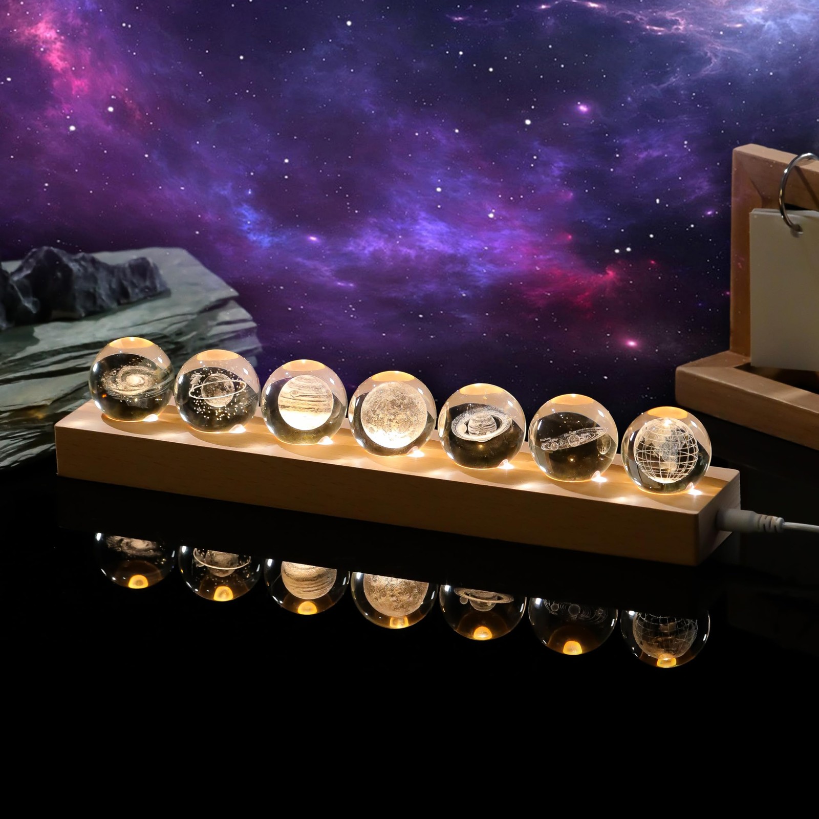 3D Solar System Crystal Ball 40mm with LED Base – Unique Gift for Kids & Adults