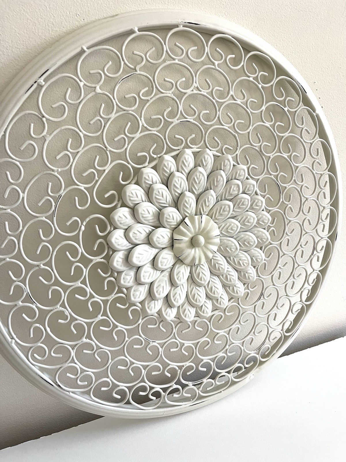 Vintage White Metal Wall Sculpture 18.5” Floral Medallion Wall Decor