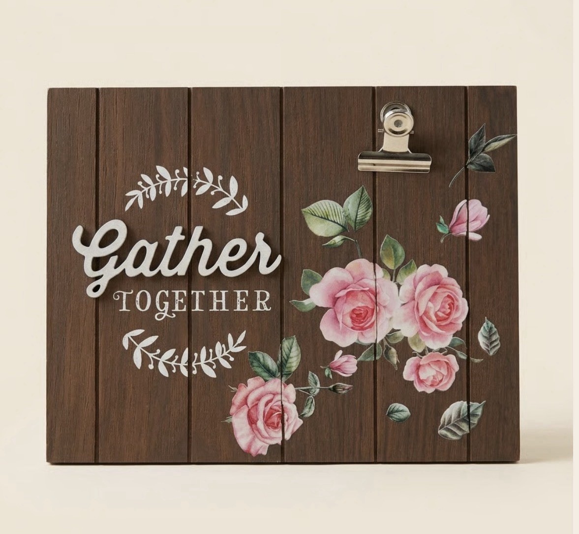 “Gather Together” Rustic Floral Printed Wood Wall Plaque Sign, Brown Rectangle