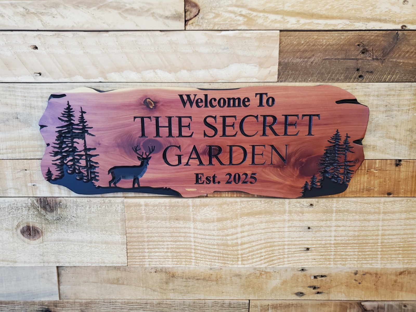 Custom Dear Sign Carved Wood Name Mountain Lake Home House Outdoor Plaque