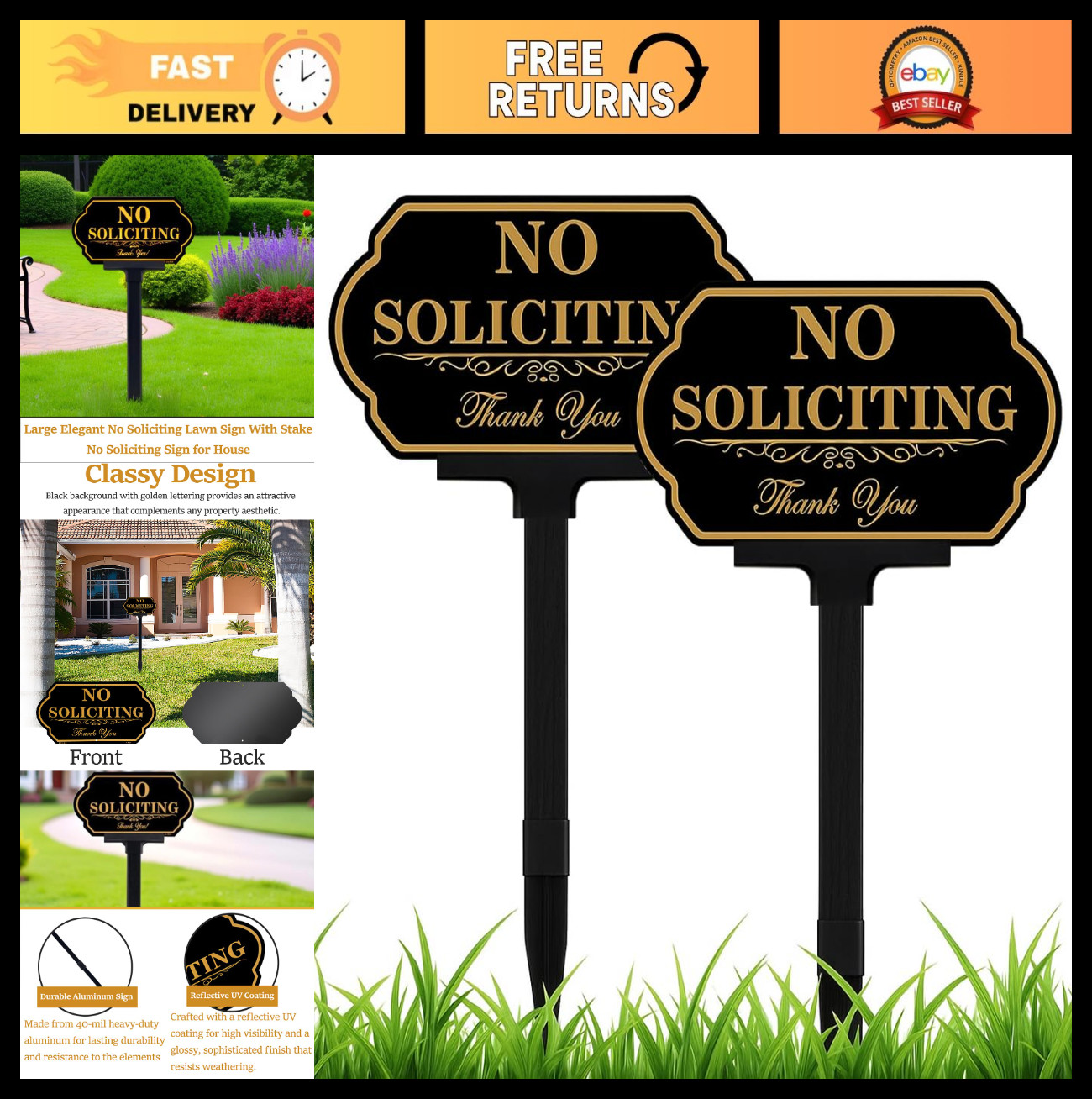 No Soliciting Sign for Front Door & Yard – Aluminum 14×7 inch, 36 inch Stake (2