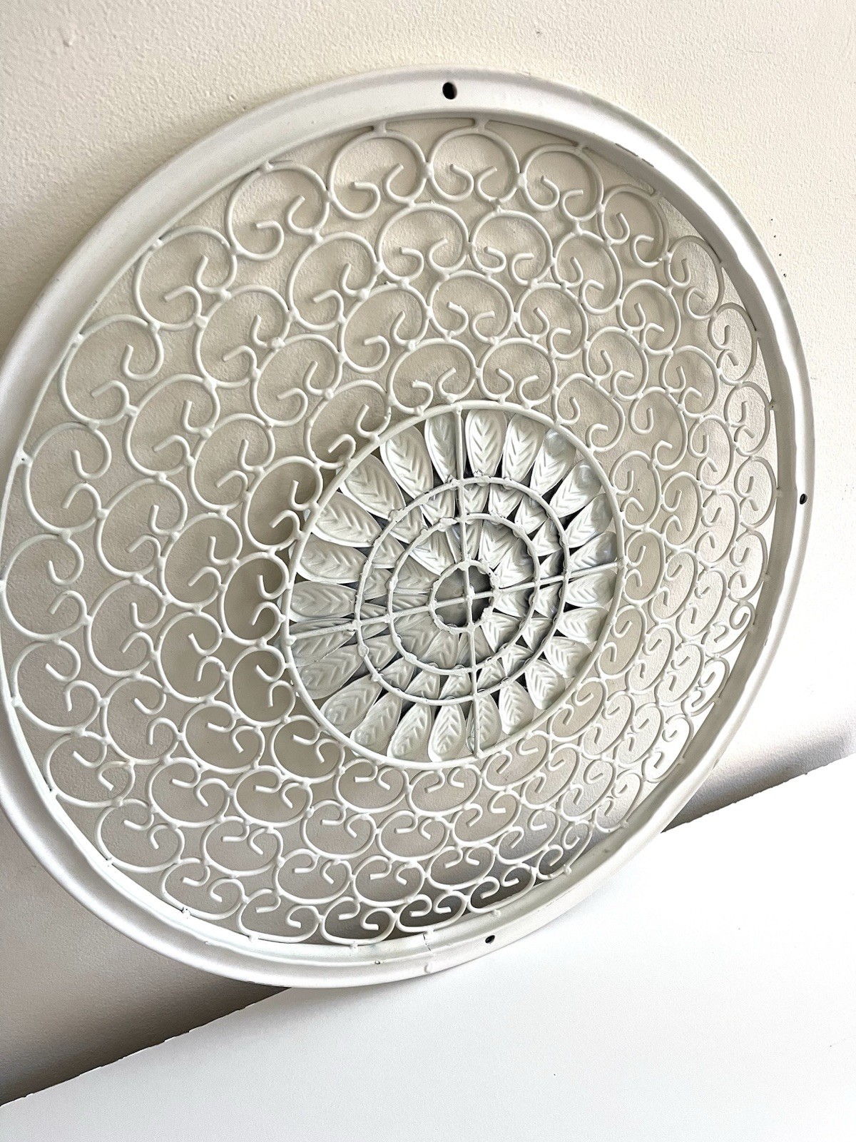 Vintage White Metal Wall Sculpture 18.5” Floral Medallion Wall Decor