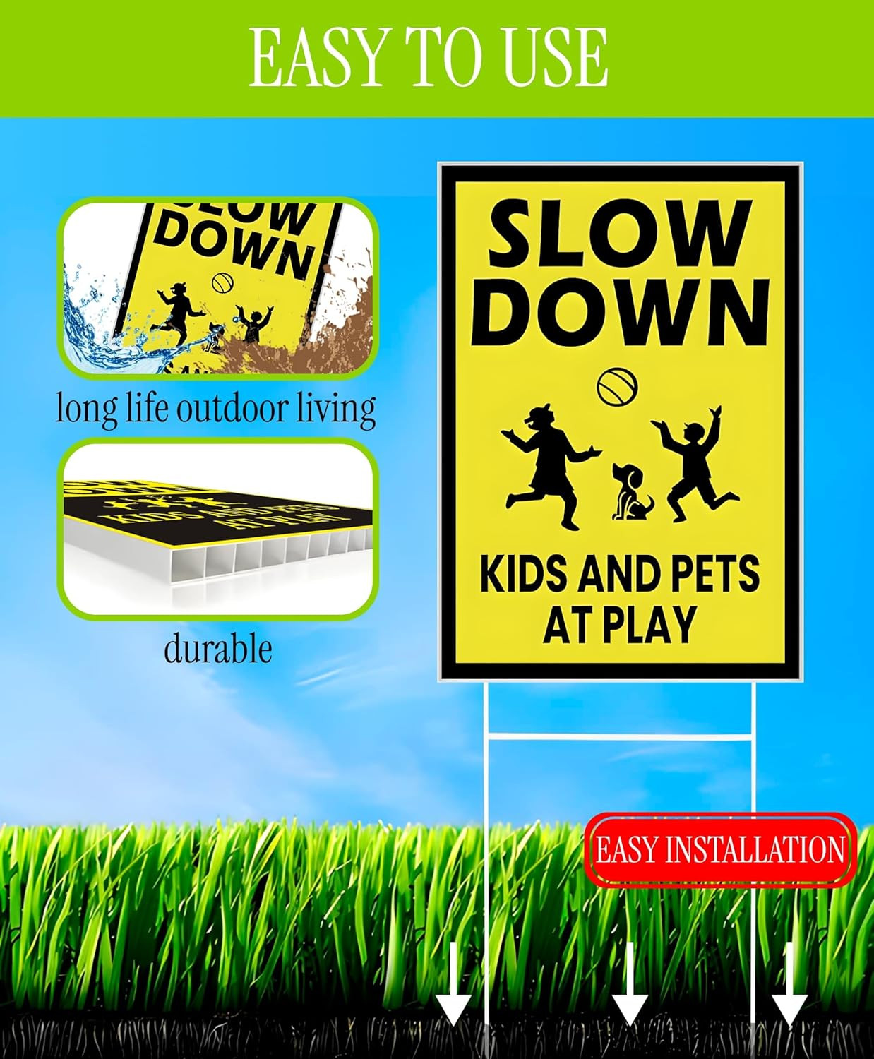 3 Pack Single Sided 8×12 Please Slow Down Kids and Pets at Play Yard Plastic …