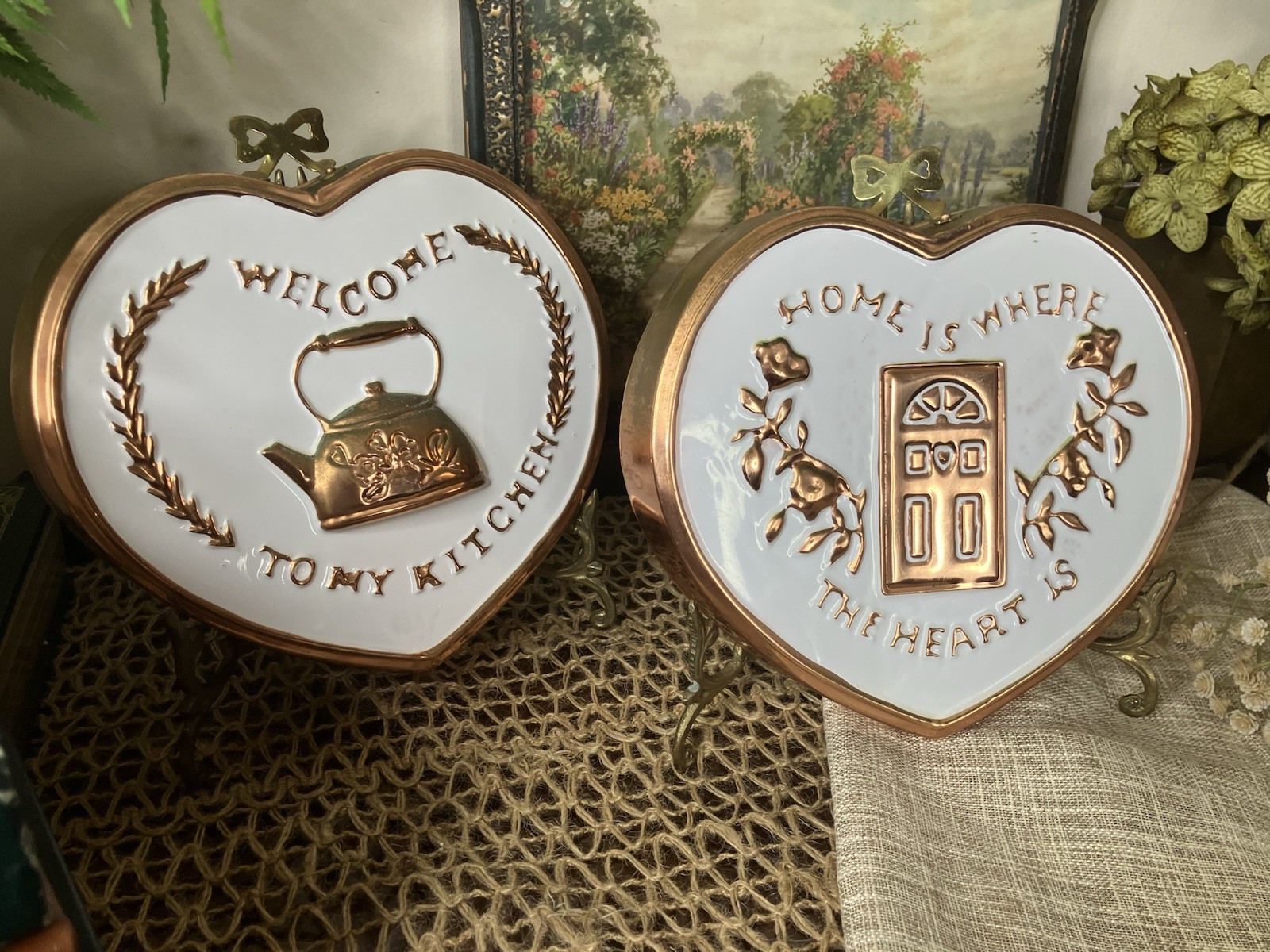 Vintage Heart Wall Hangings Plaques – Copper & White – Cottage Kitchen Decor