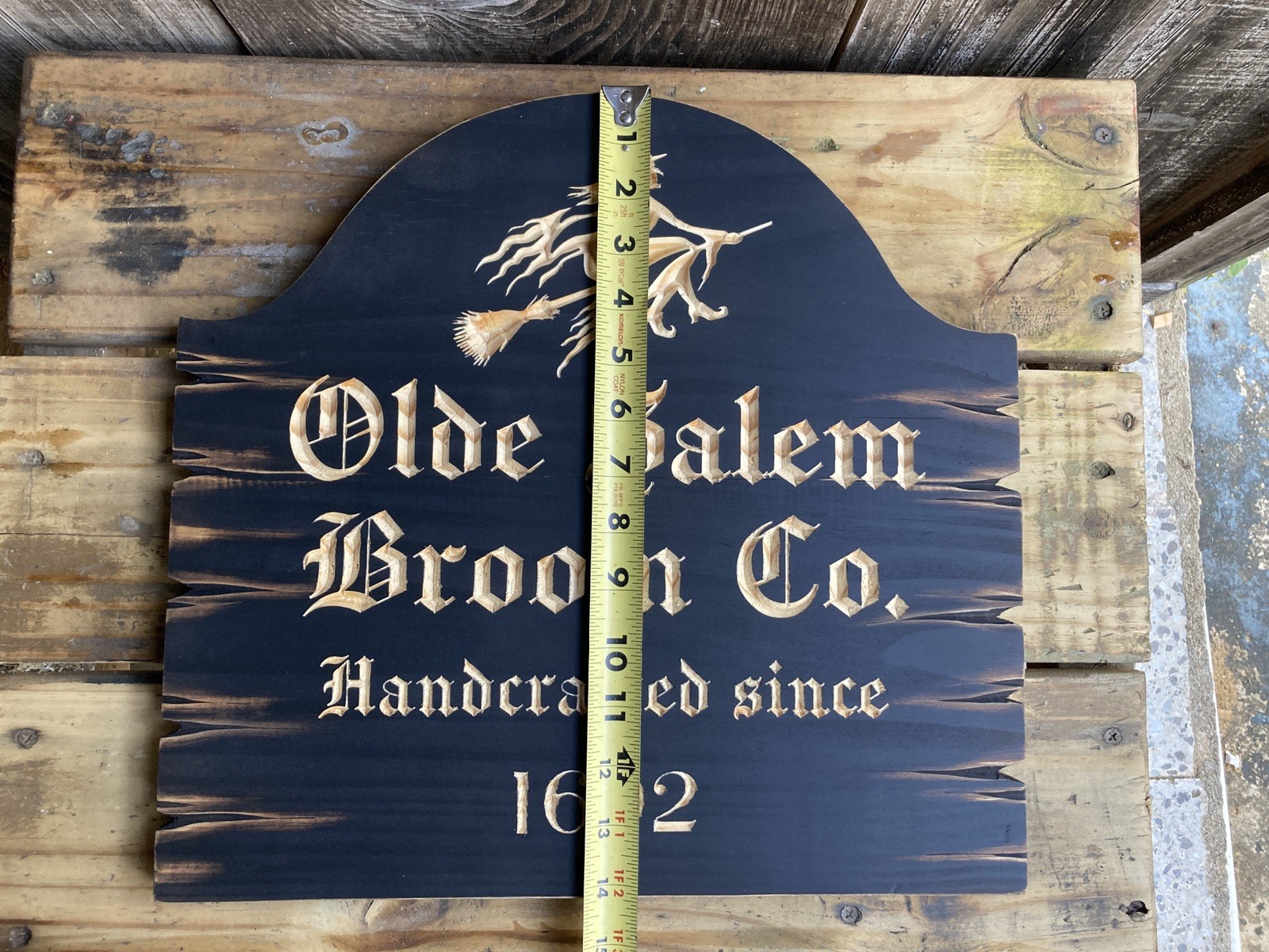 Halloween Salem Witch Broom Wooden Sign Carved Rustic Antique Look