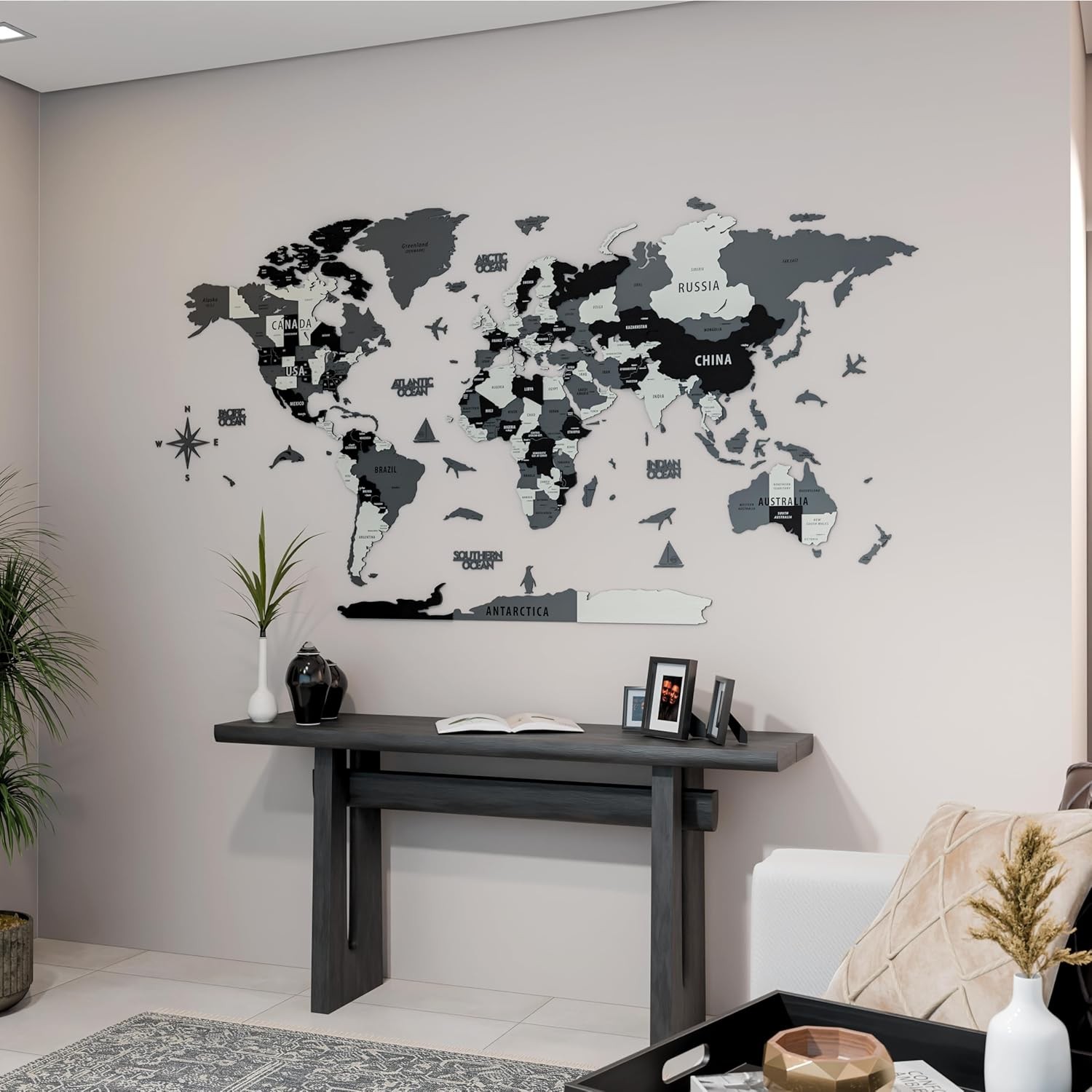 3D Wooden World Map Wall Art Unique Travel Pin Decor for Home Office Grey Medium