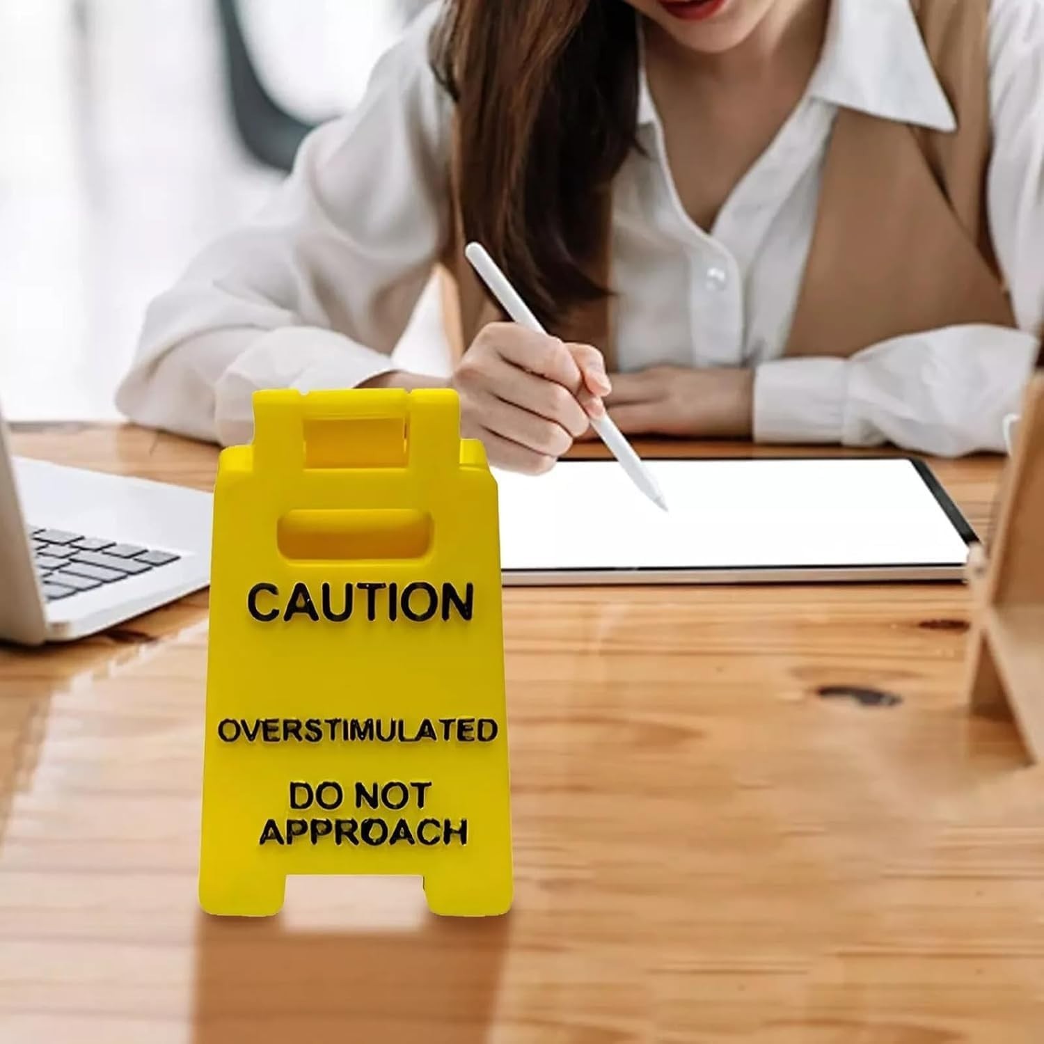 Overstimulated Alert Desk Sign – Yellow w/Black Words, Humor Gift for Colleagues