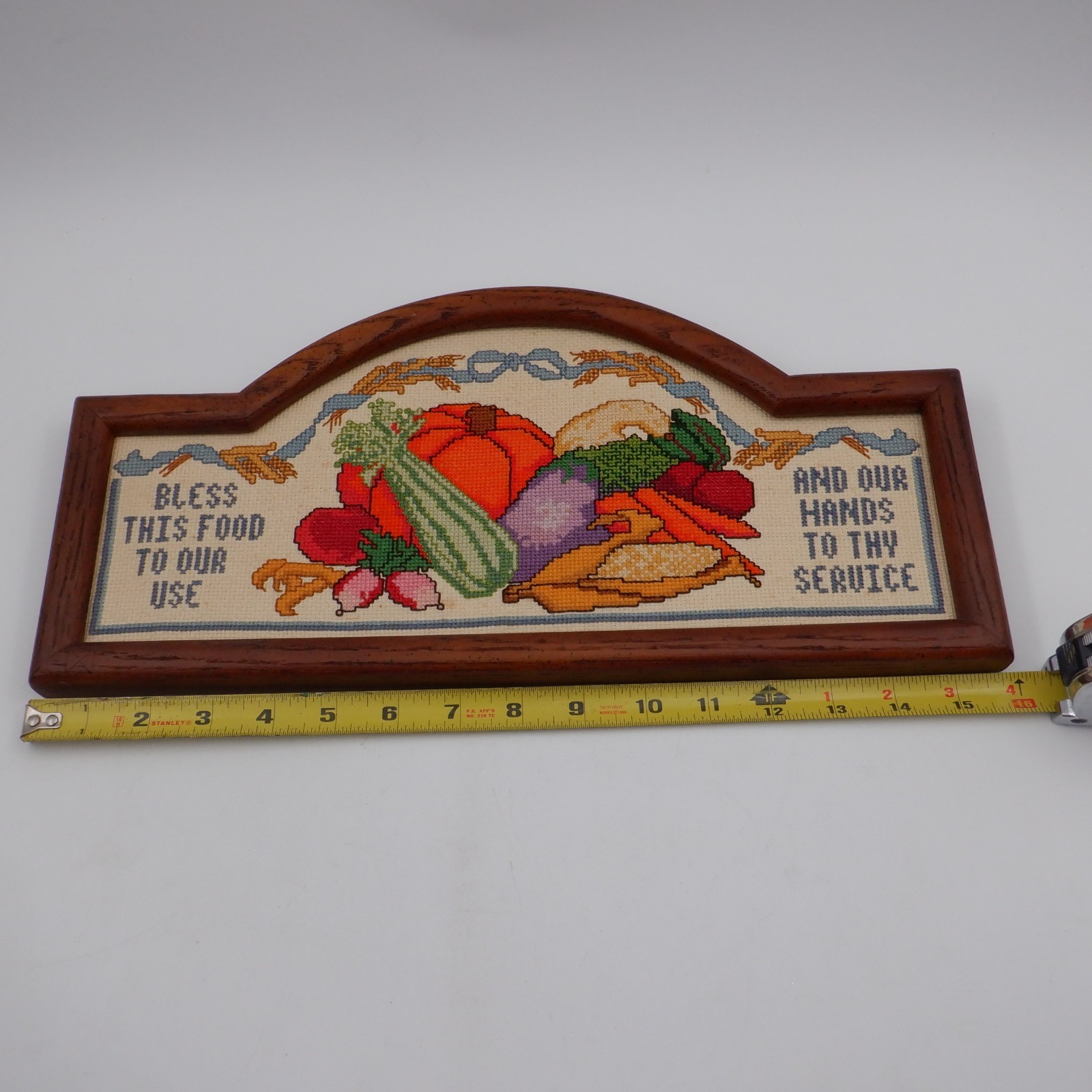 RARE 1980s Embroidered Bless This Food Sign Cross Stitch Multicolor Framed