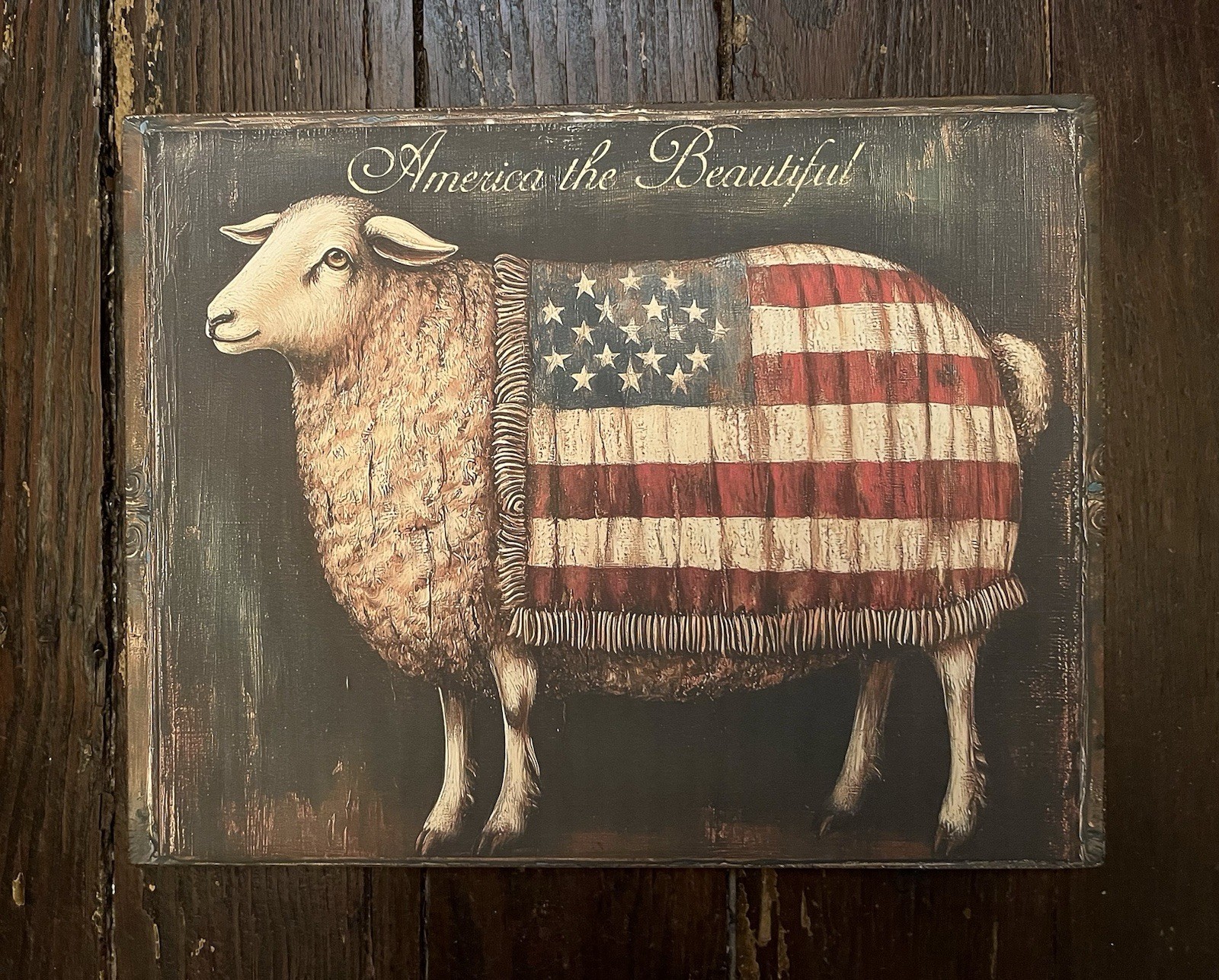 Patriotic Sheep, America The Beautiful, Folk Art, Primitive Handcrafted Plaque
