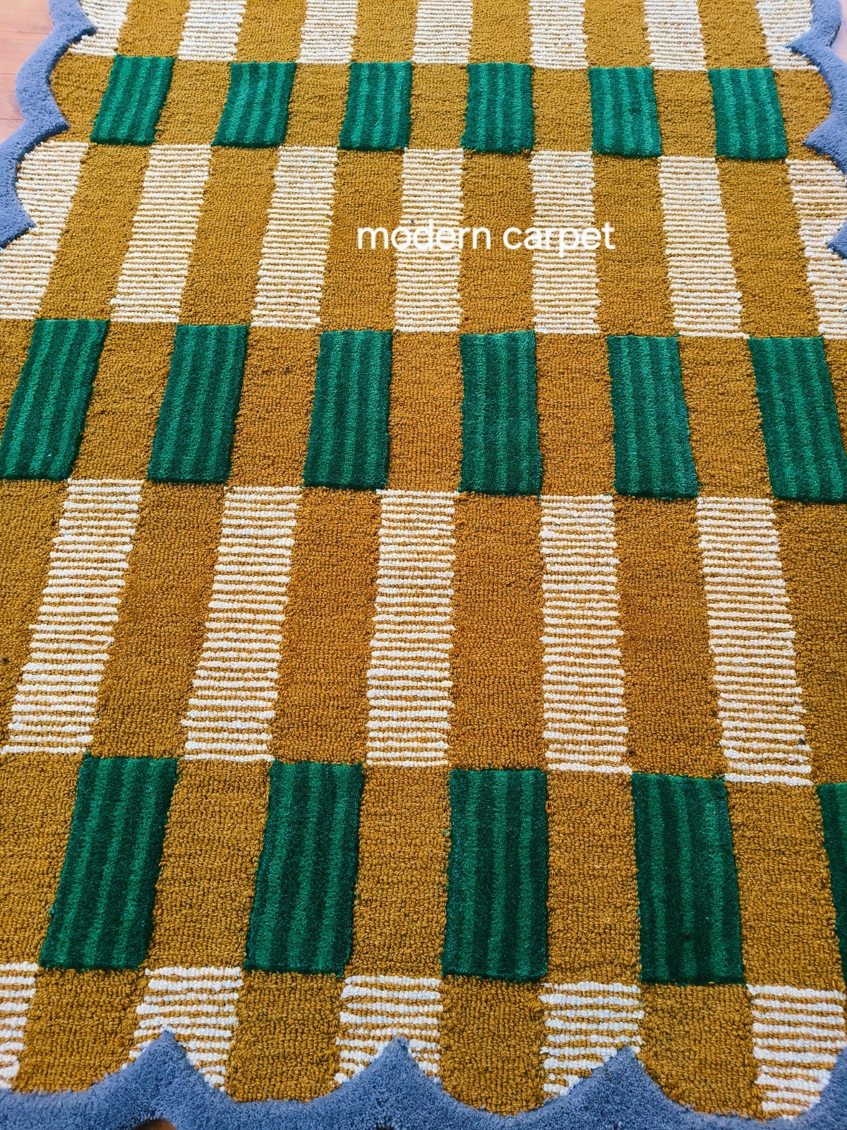 Modern Scalloped Border Area Rug Wavy Checkered Mustard Green Wool Carpet 8×10