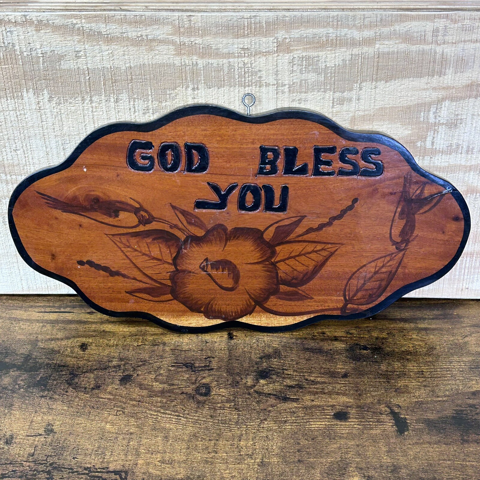 Vintage Wood Sign For Hanging Outside “God Bless You” Folk Art 15”x 8” Handmade