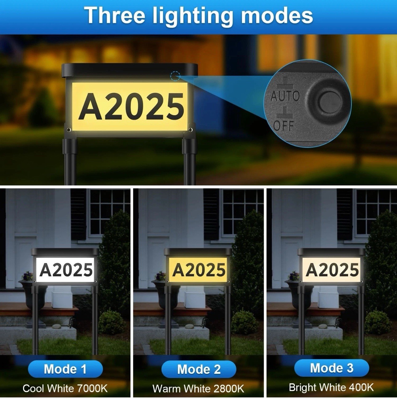 Solar Address Sign Mailbox House Number Plaque Double Side 3 Light Color