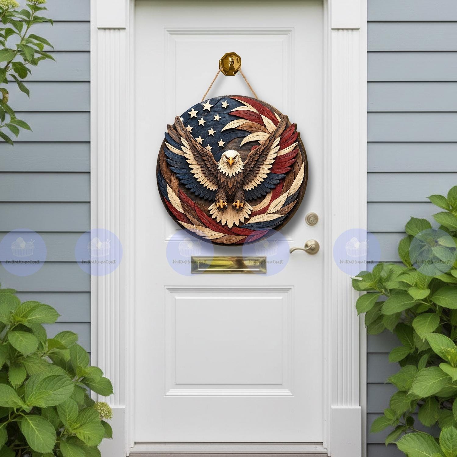 Patriotic Eagle Wooden Door Hanger, Americana Front Porch Sign, Rustic American
