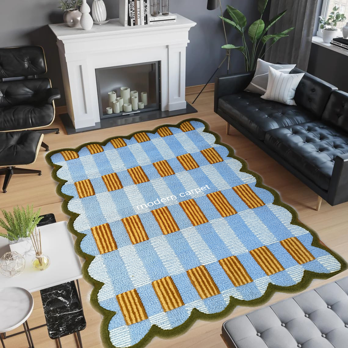 Handmade Wool Tufted Rug Mustard Blue | Modern Geometric Carpet Cozy Home Decors