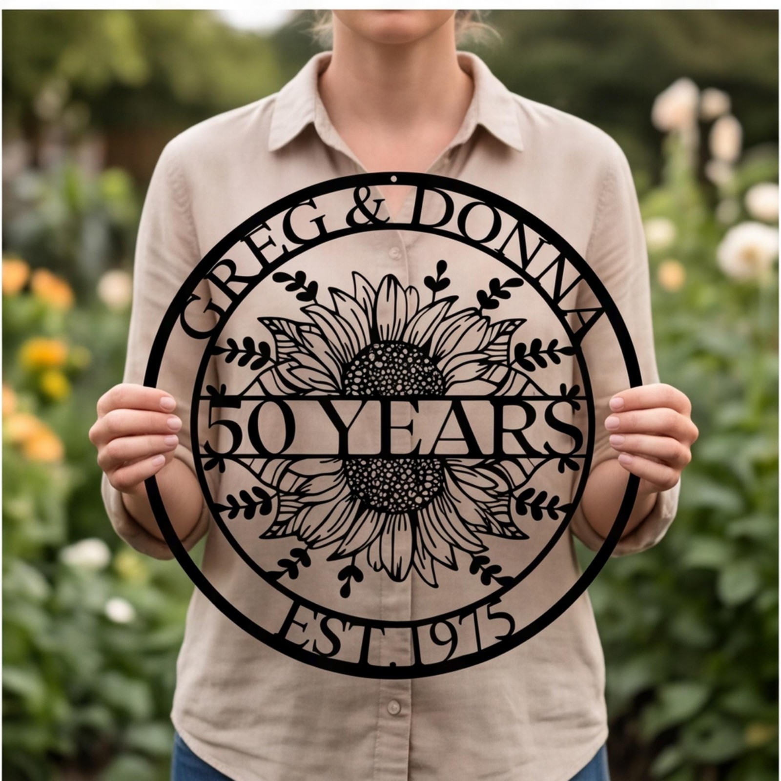 Personalized 50th Anniversary Metal Wall Art, Custom Sunflower Couple Sign