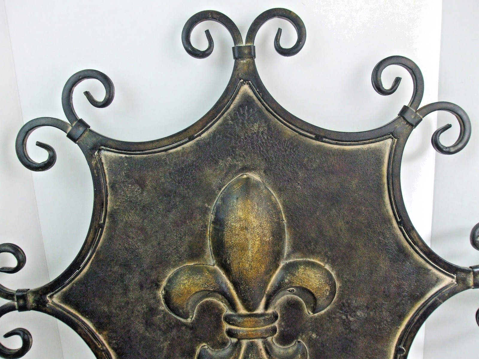 Large Fleur De Lis All Metal Wall Art Hanging Black/Bronze Shield Accent 24″ Vtg