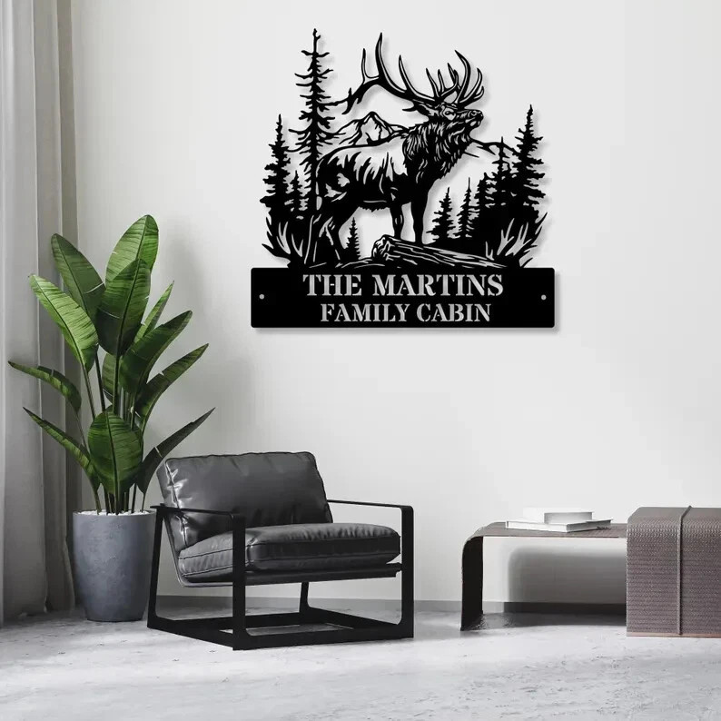 Personalized Elk Metal Sign Custom Family Name Monogram Wildlife Wall Art Decor