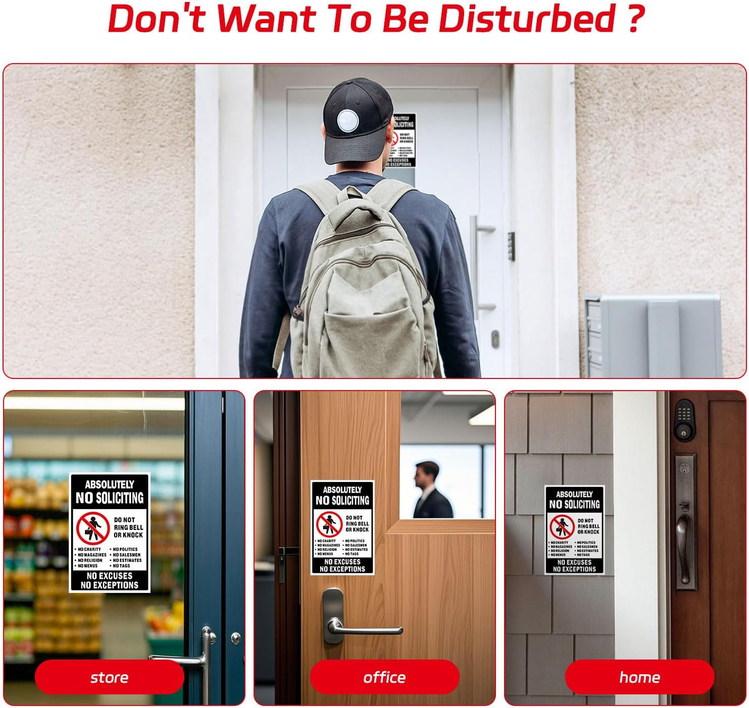 No Soliciting Sign for Front Door, 3 Pack 6X4Inch Reflective Vinyl Stickers |