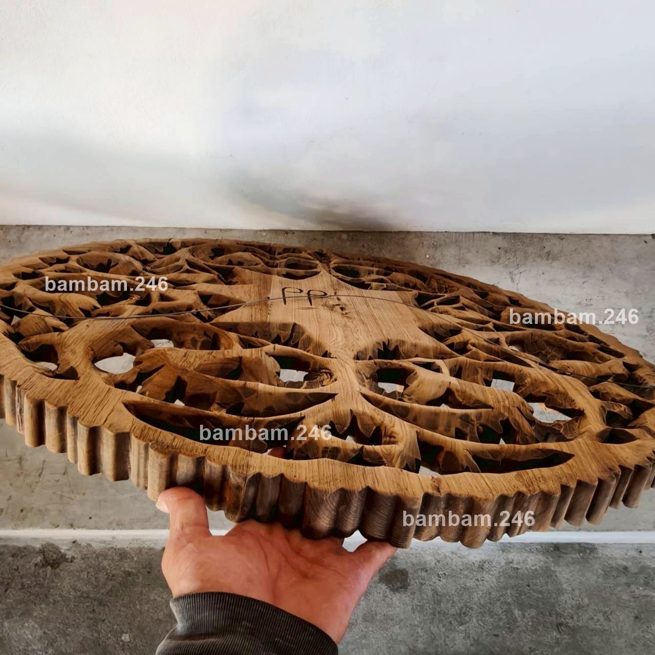 Large Round Teak Wood Wall Art 35 in Floral Flower Design Thai Carving for Livin