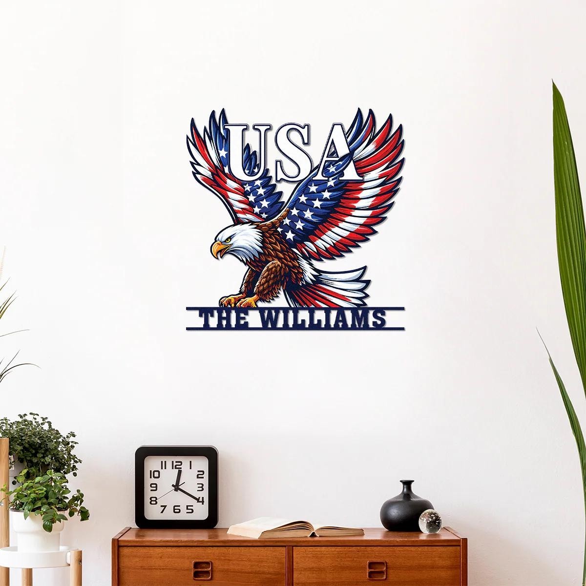 Custom USA Eagle Metal Sign, Patriotic Family Name Wall Art, American Flag Eagle