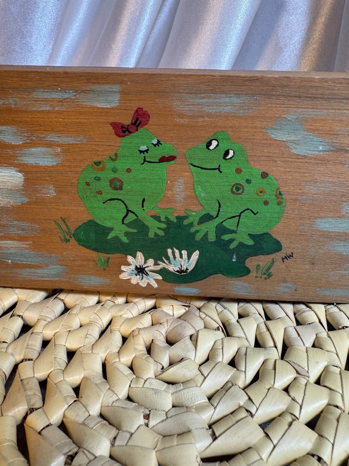 Hand Painted Wooden Frog Wall Decor Plaque Whimsical Nature Medium 11x5in