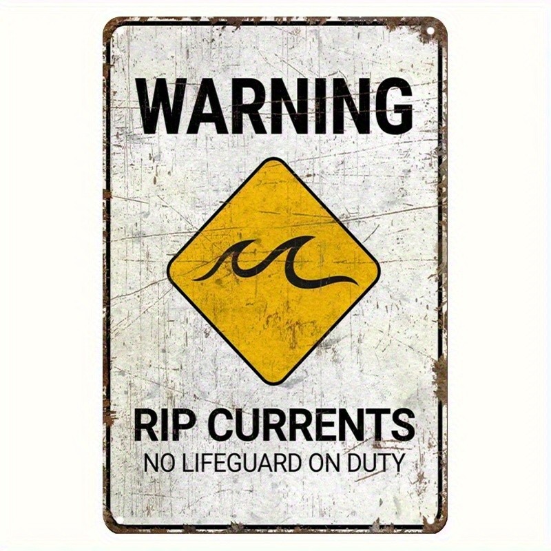 Vintage Coastal Metal Warning Plaque Rip Currents Tin Sign for Beach Bar Decor
