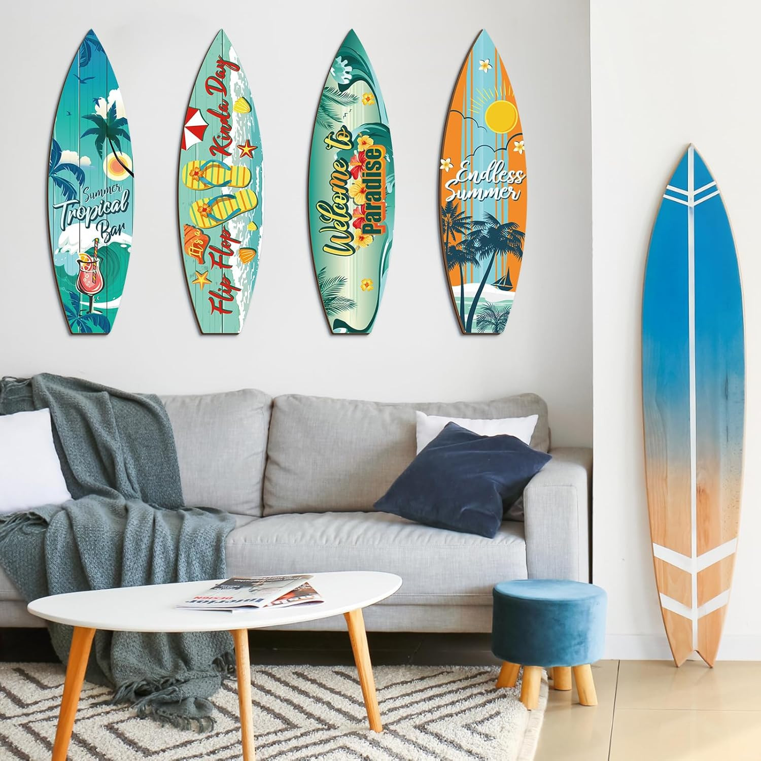 4 Pcs Surfboard Decor Hawaiian Wooden Beach Wall Decor Tiki Tropical Bar Decorat