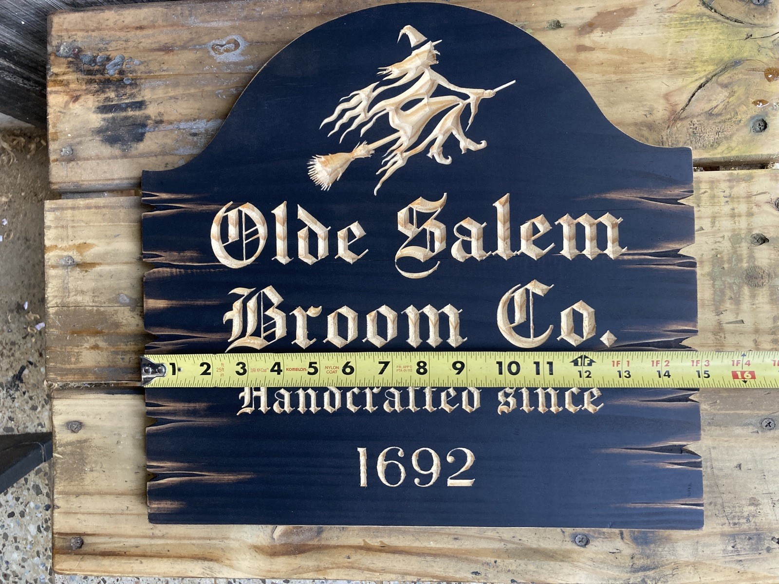 Halloween Salem Witch Broom Wooden Sign Carved Rustic Antique Look