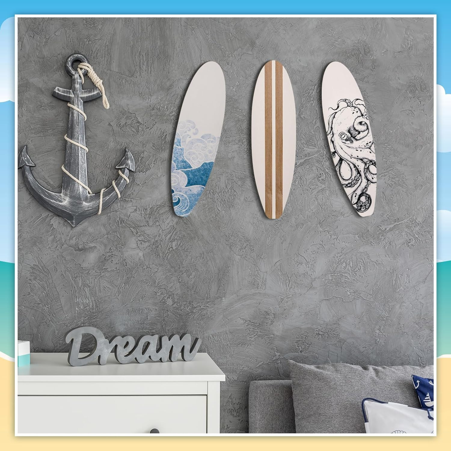 3 Piece Wooden Surfboard Wall Decor for Beach-Inspired Bedroom or Living Room