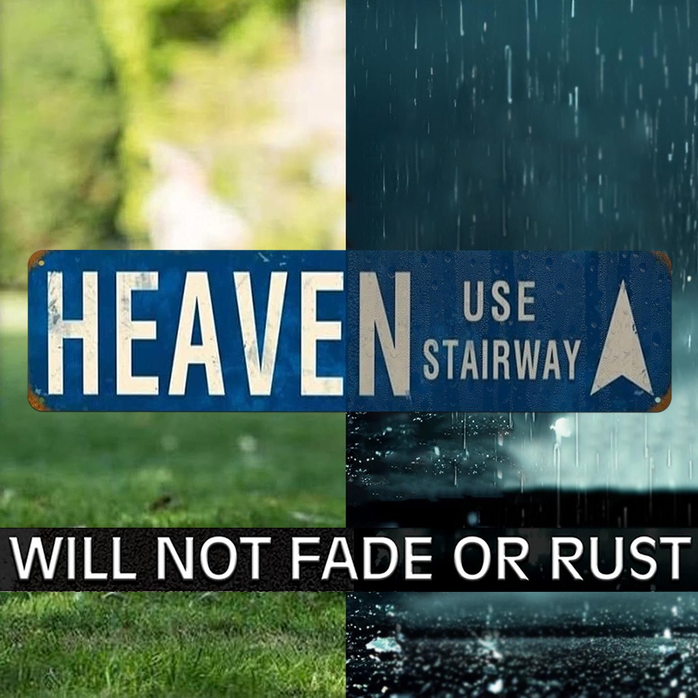 Retro “HEAVEN USE STAIRWAY” Weathered Metal Street Sign with Arrow for Man Cave