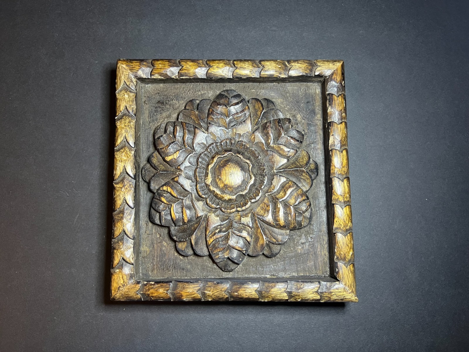 Rustic Hand Carved Wooden 3D Textured Floral Flower Square Wall Art Plaque 7.75″