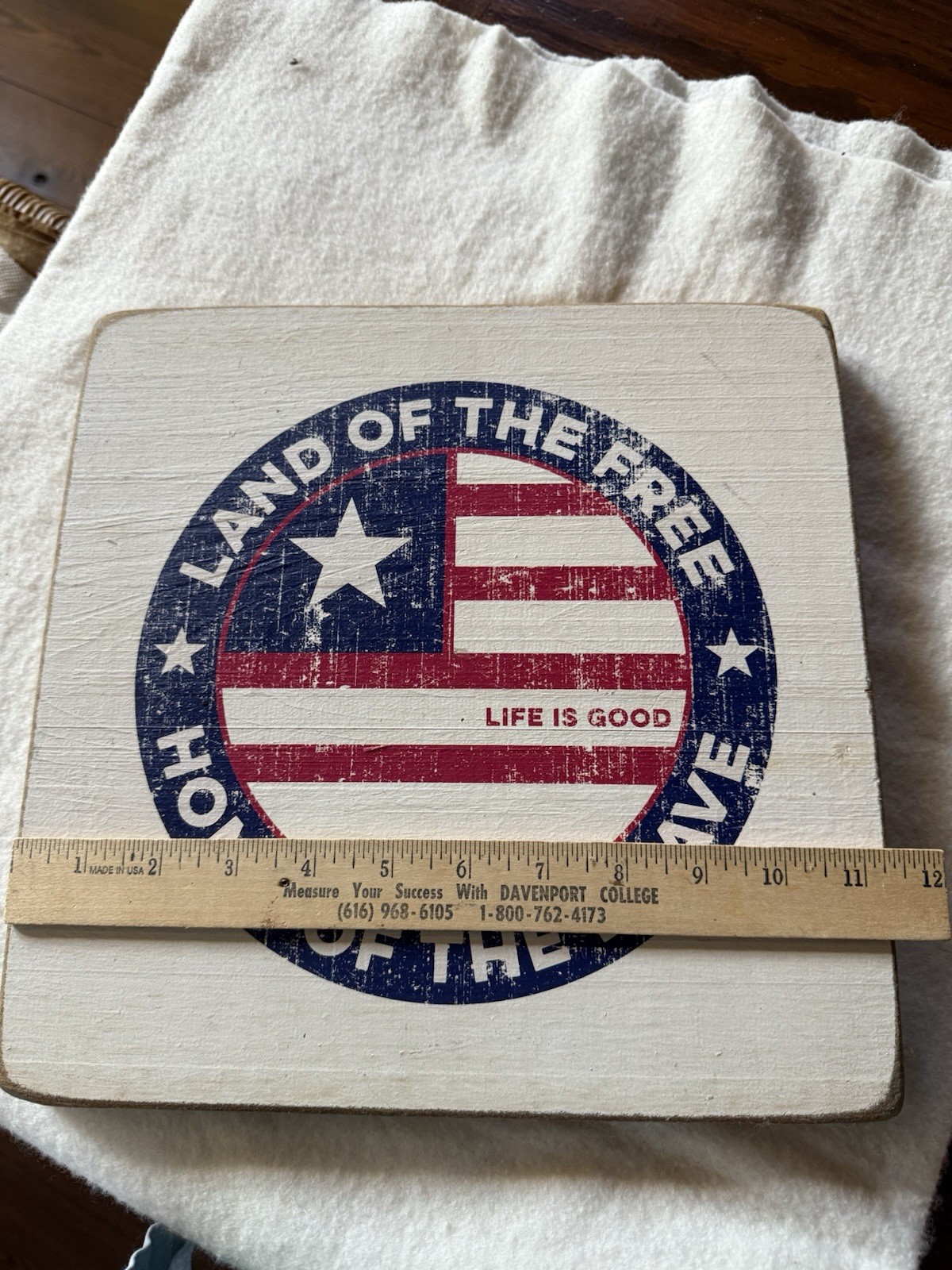 Genuine Life Is Good Wood Sign Red White Blue Flag Land Free Home Brave USA