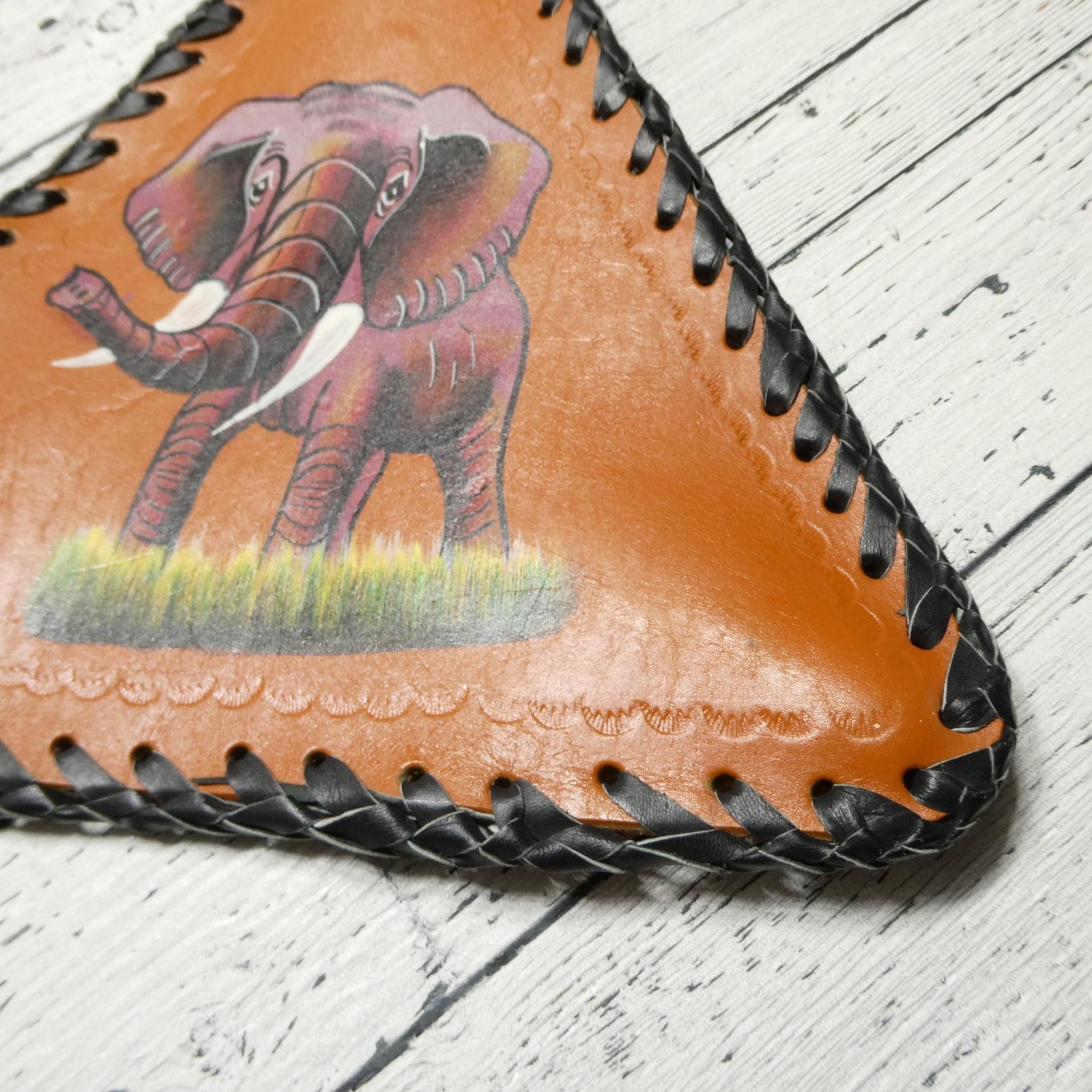 Leather Triangle Elephant Wall Plaque Hand Painted African Brown Medium Decor