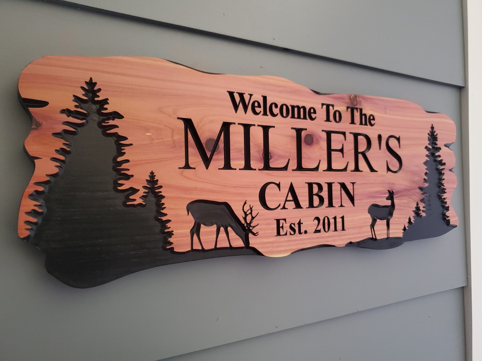 Custom Cabin Sign Carved Wood Family Name Vacation Home Plaque Deer Camp Home